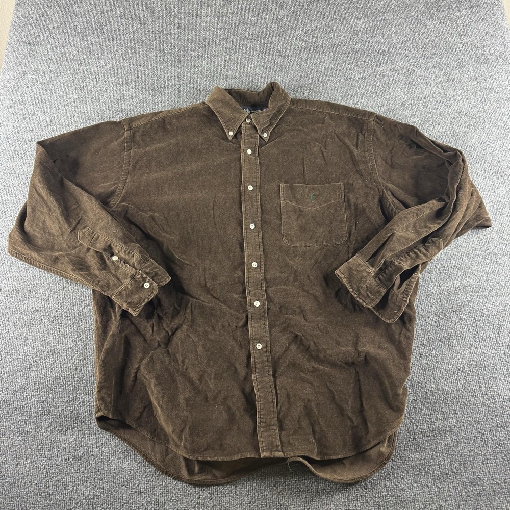 Ralph Lauren Big Shirt Mens L Brown Corduroy Long Sleeve Button Down Pocket Logo